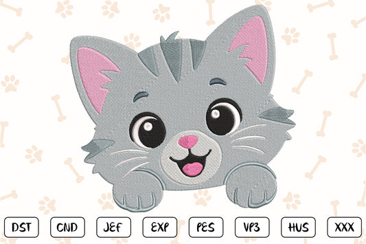 Cute Kitten Peeking Embroidery Design, Adorable Cat Face Machine Embroidery Pattern, Kawaii Gray Kitten Embroidery Design