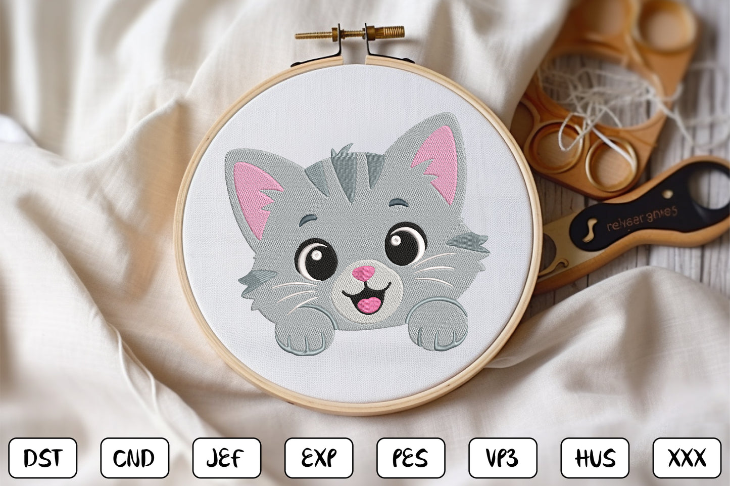 Cute Kitten Peeking Embroidery Design, Adorable Cat Face Machine Embroidery Pattern, Kawaii Gray Kitten Embroidery Design