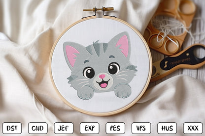 Cute Kitten Peeking Embroidery Design, Adorable Cat Face Machine Embroidery Pattern, Kawaii Gray Kitten Embroidery Design