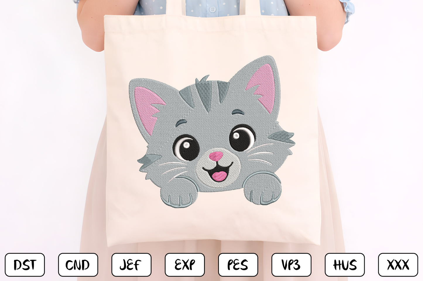 Cute Kitten Peeking Embroidery Design, Adorable Cat Face Machine Embroidery Pattern, Kawaii Gray Kitten Embroidery Design