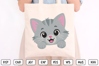 Cute Kitten Peeking Embroidery Design, Adorable Cat Face Machine Embroidery Pattern, Kawaii Gray Kitten Embroidery Design