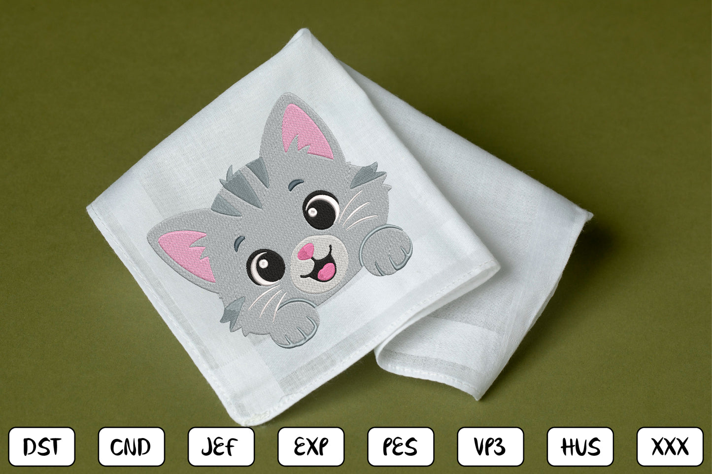 Cute Kitten Peeking Embroidery Design, Adorable Cat Face Machine Embroidery Pattern, Kawaii Gray Kitten Embroidery Design