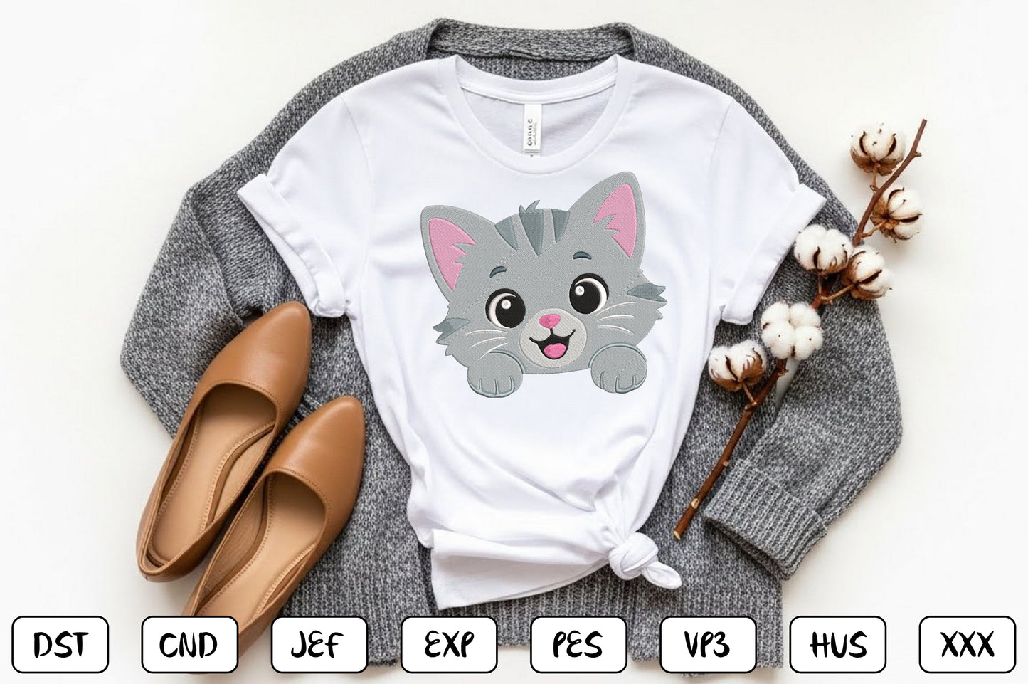 Cute Kitten Peeking Embroidery Design, Adorable Cat Face Machine Embroidery Pattern, Kawaii Gray Kitten Embroidery Design