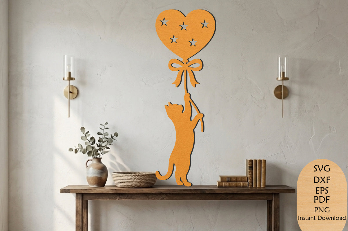 Cute Cat with Heart Balloon Laser Cut SVG, Valentine Cat Wall Art