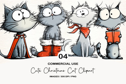 Cute Christmas Cat Clipart PNG Bundle | Adorable Watercolor Holiday Cat Clipart