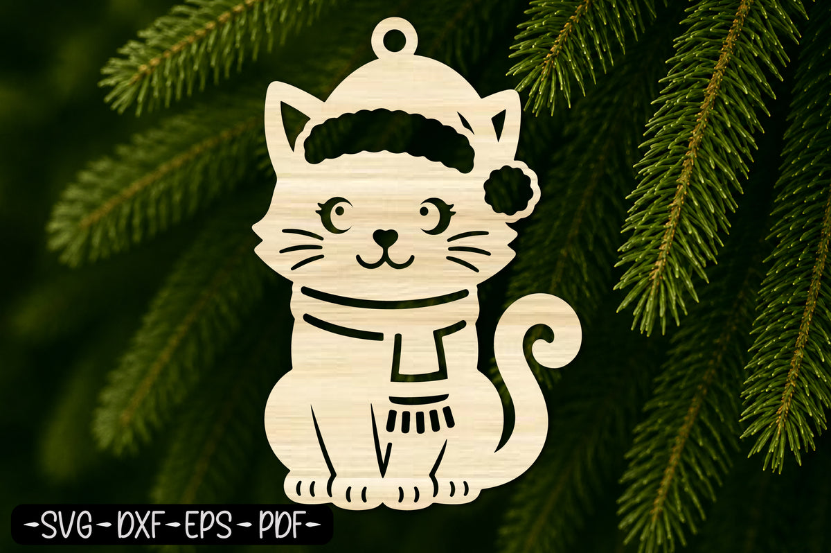Cute Christmas Cat Ornament Laser Cut SVG, Santa Cat Ornament Cut File, Christmas Cat SVG, Holiday Laser Cut Design