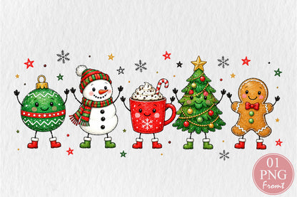 Cute Christmas Characters Doodle PNG Ornament Snowman Cocoa Tree Gingerbread Sublimation