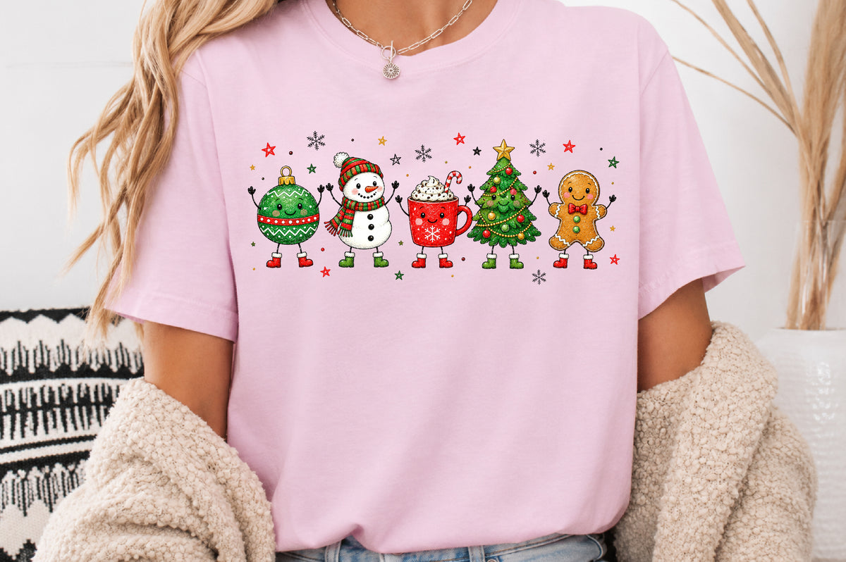 Cute Christmas Characters Doodle PNG Ornament Snowman Cocoa Tree Gingerbread Sublimation