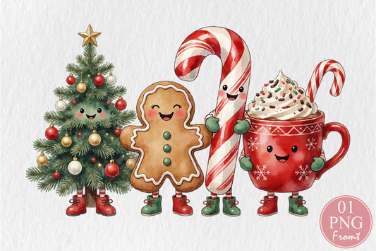 Cute Christmas Characters PNG Tree Gingerbread Candy Cane Hot Cocoa Sublimation