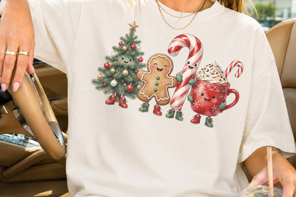 Cute Christmas Characters PNG Tree Gingerbread Candy Cane Hot Cocoa Sublimation