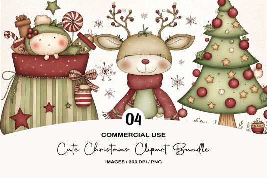 Cute Christmas Clipart Bundle | Adorable Watercolor Holiday Christmas PNG