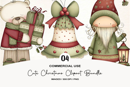 Cute Christmas Clipart Bundle | Watercolor Holiday PNG Bundle | Adorable Christmas Clipart
