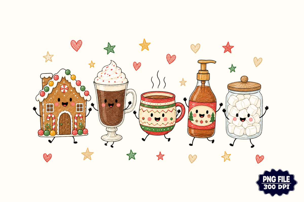 Cute Christmas Doodle Characters PNG, Holiday Cocoa Gingerbread Sublimation Design