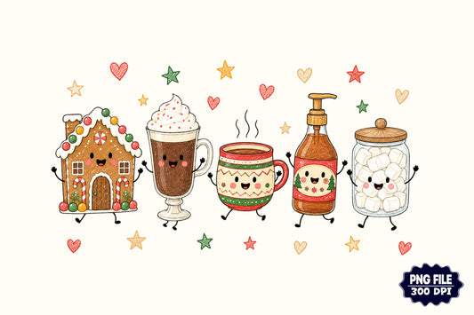 Cute Christmas Doodle Characters PNG, Holiday Cocoa Gingerbread Sublimation Design