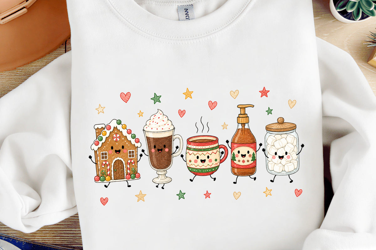 Cute Christmas Doodle Characters PNG, Holiday Cocoa Gingerbread Sublimation Design