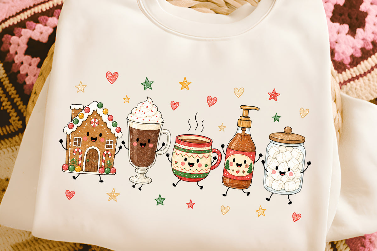 Cute Christmas Doodle Characters PNG, Holiday Cocoa Gingerbread Sublimation Design