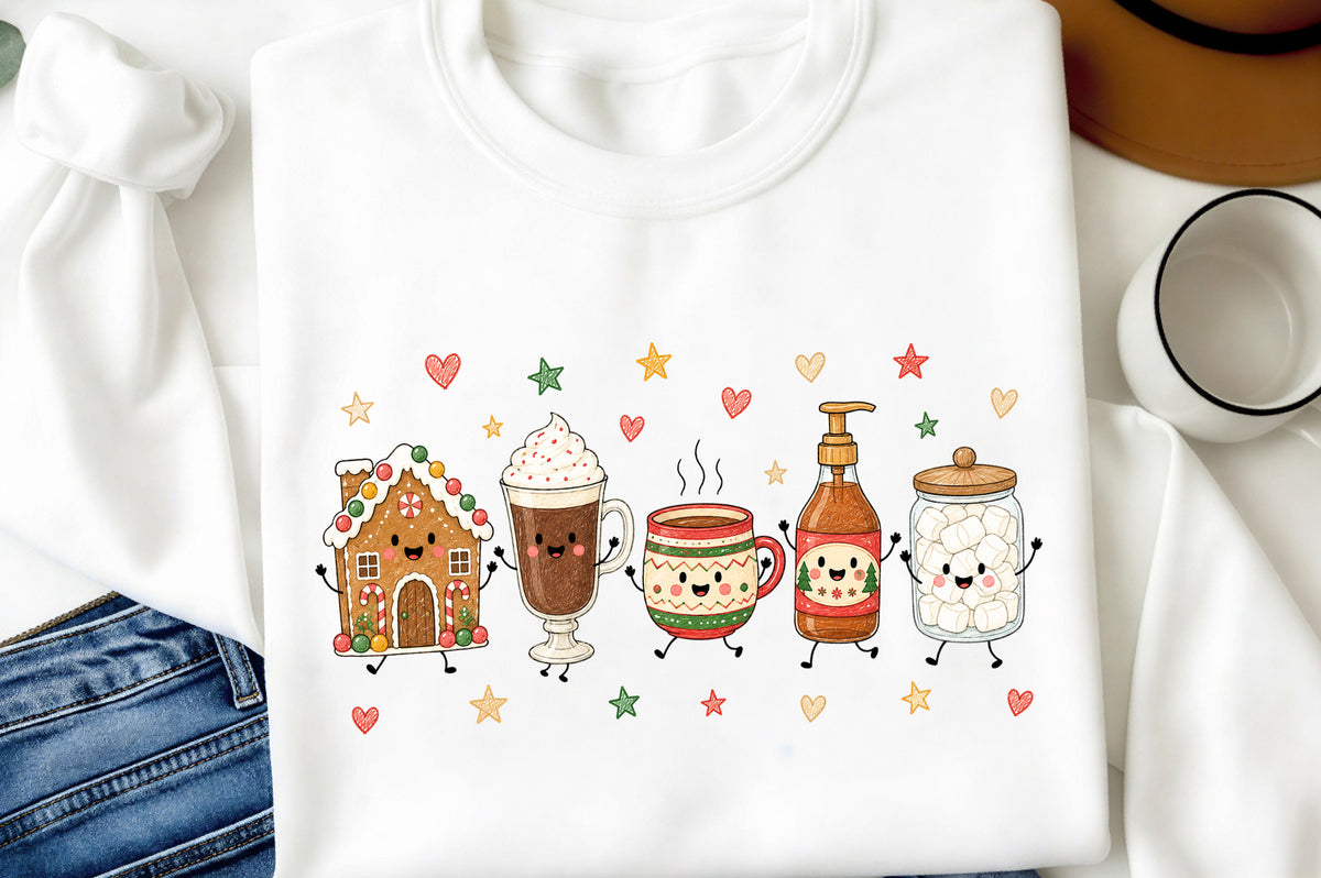 Cute Christmas Doodle Characters PNG, Holiday Cocoa Gingerbread Sublimation Design