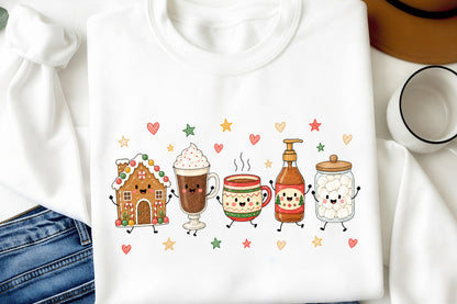 Cute Christmas Doodle Characters PNG, Holiday Cocoa Gingerbread Sublimation Design