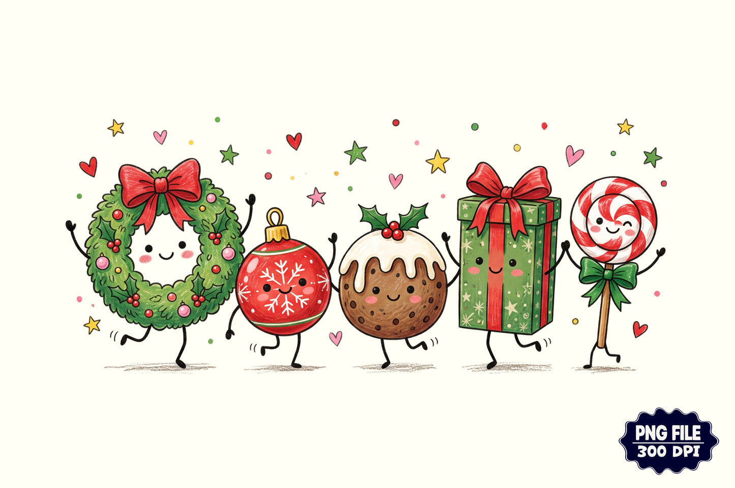 Cute Christmas Doodles PNG | Kawaii Holiday Christmas Sublimation Clipart