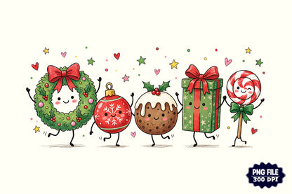 Cute Christmas Doodles PNG | Kawaii Holiday Christmas Sublimation Clipart