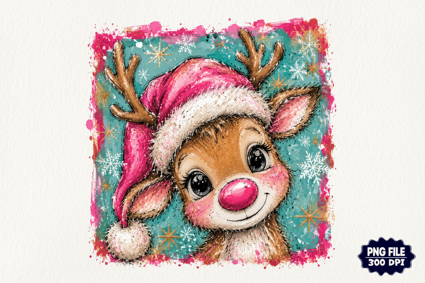 Cute Christmas Reindeer Girl Pink Santa Hat Christmas PNG