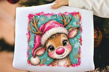 Cute Christmas Reindeer Girl Pink Santa Hat Christmas PNG
