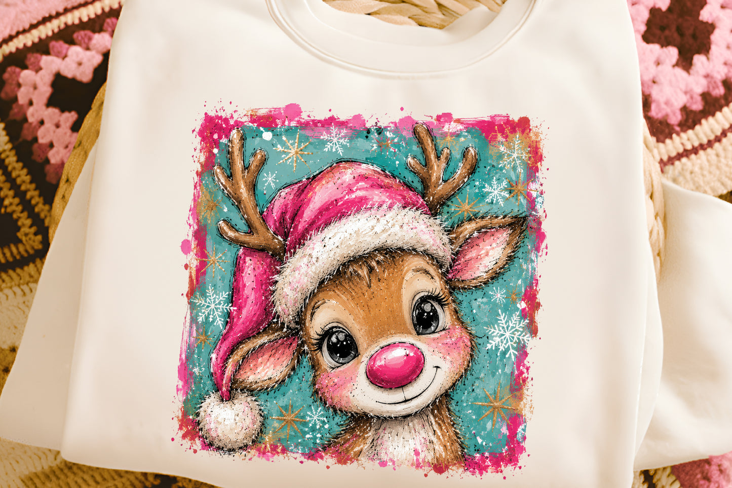 Cute Christmas Reindeer Girl Pink Santa Hat Christmas PNG