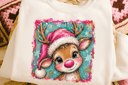 Cute Christmas Reindeer Girl Pink Santa Hat Christmas PNG