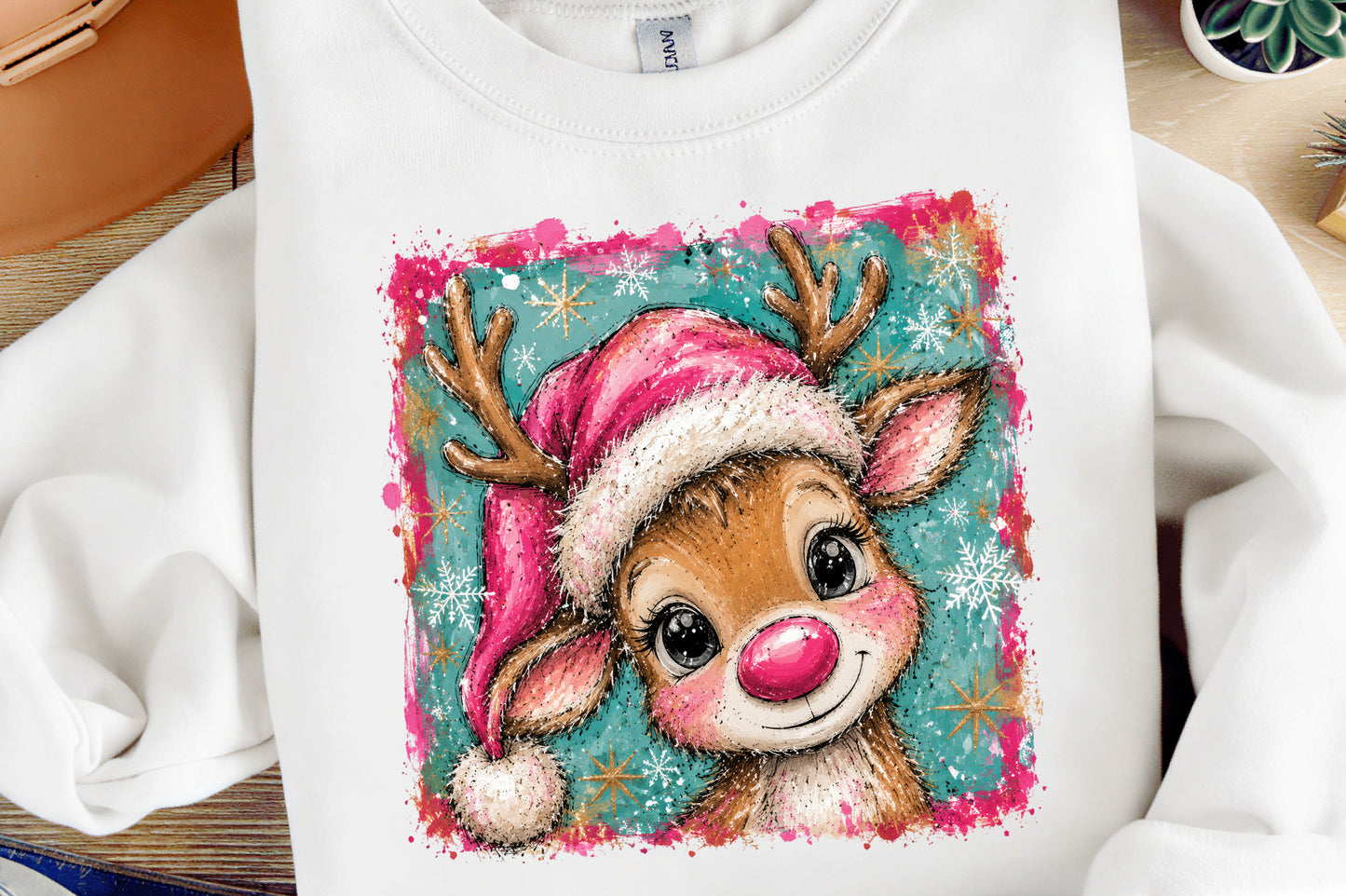 Cute Christmas Reindeer Girl Pink Santa Hat Christmas PNG
