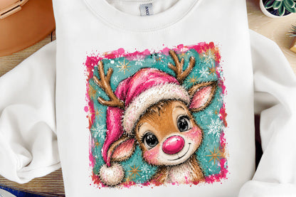 Cute Christmas Reindeer Girl Pink Santa Hat Christmas PNG
