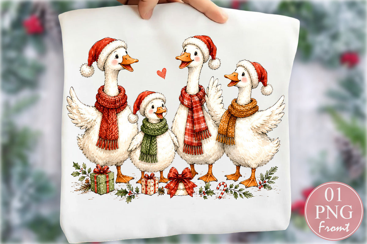 Cute Christmas Goose Family PNG Winter Holiday Sublimation Design