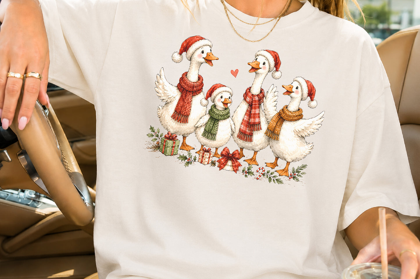 Cute Christmas Goose Family PNG Winter Holiday Sublimation Design