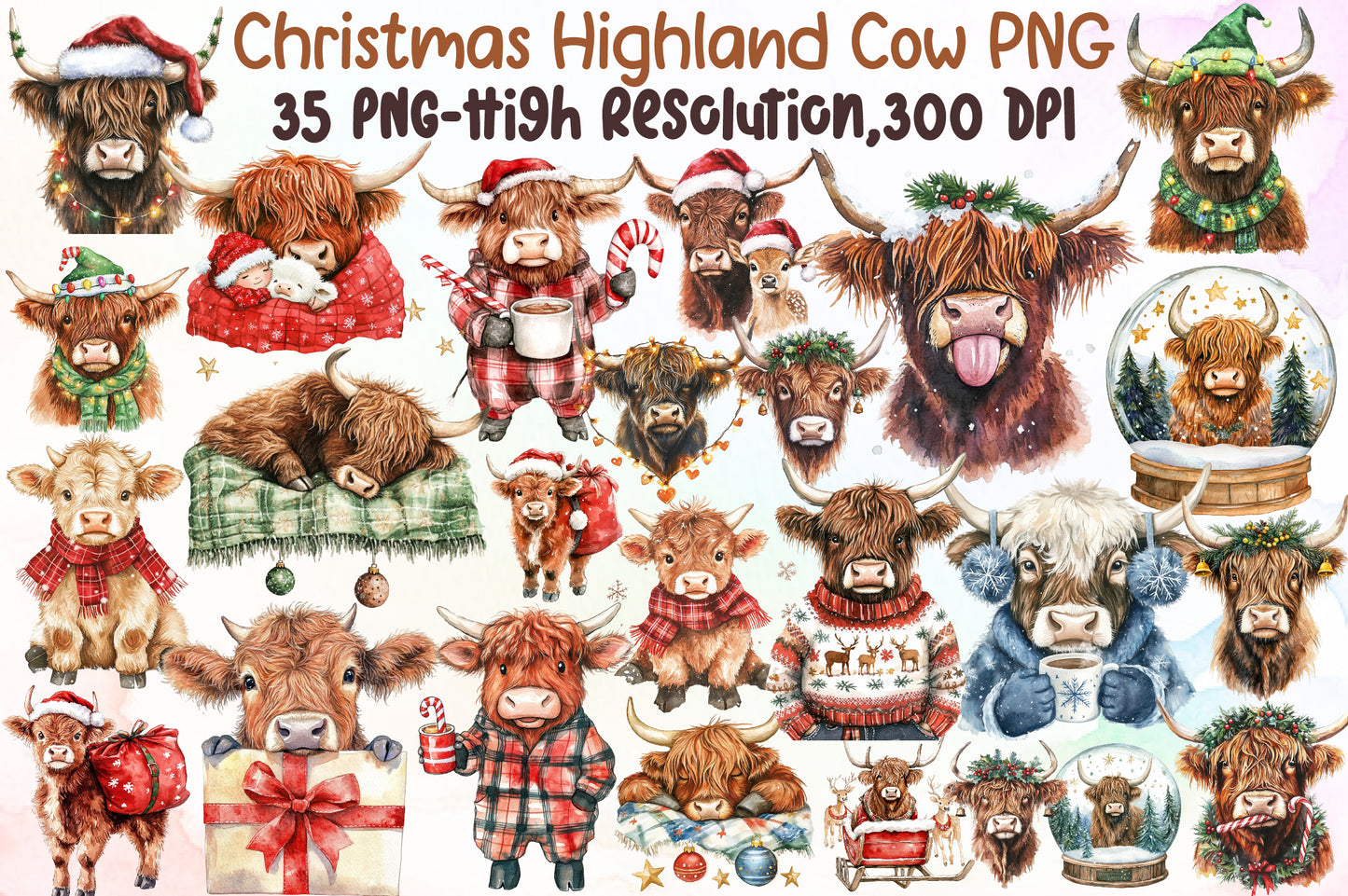 Cute Christmas Highland Cow Clipart PNG Bundle Commercial Use
