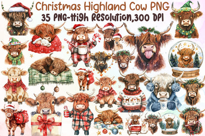 Cute Christmas Highland Cow Clipart PNG Bundle Commercial Use