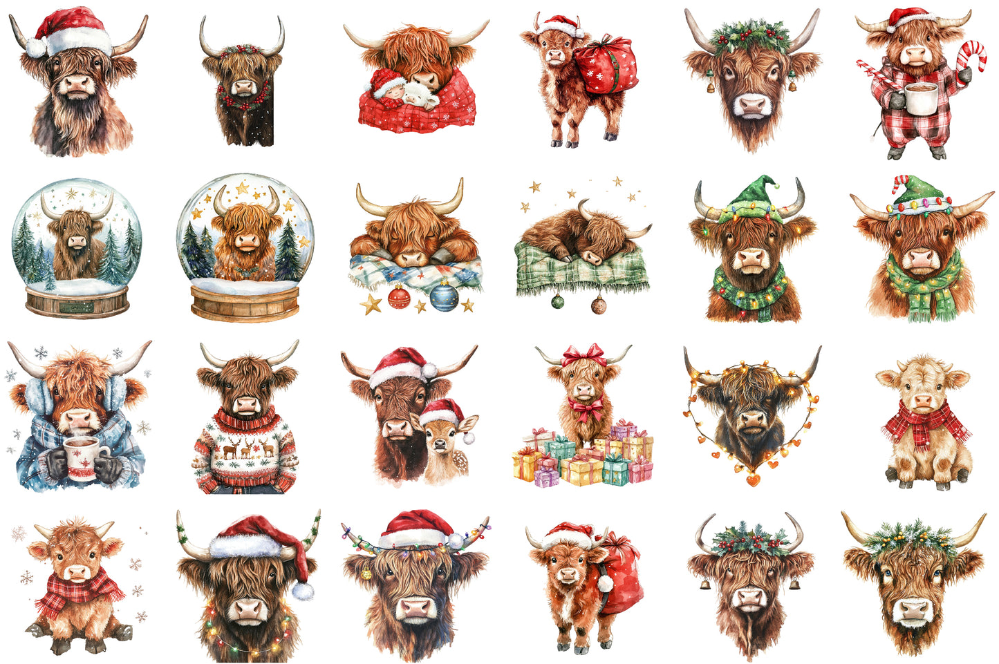 Cute Christmas Highland Cow Clipart PNG Bundle Commercial Use