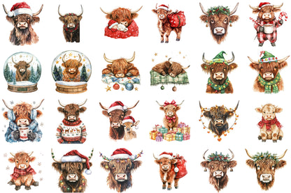 Cute Christmas Highland Cow Clipart PNG Bundle Commercial Use