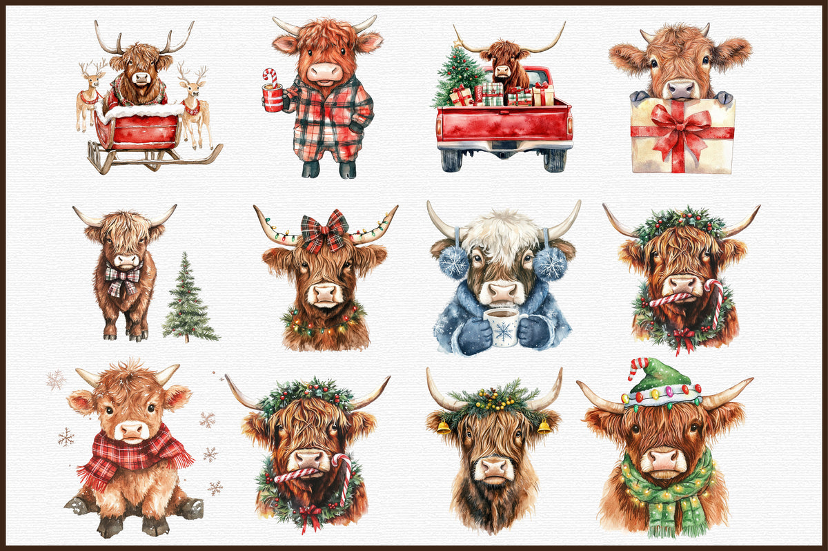 Cute Christmas Highland Cow Clipart PNG Bundle Commercial Use