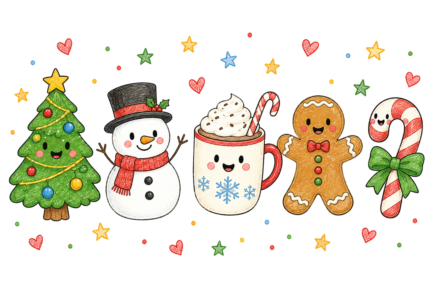 Cute Christmas Kawaii PNG Bundle, Hand Drawn Holiday Baking & Winter Sublimation Designs