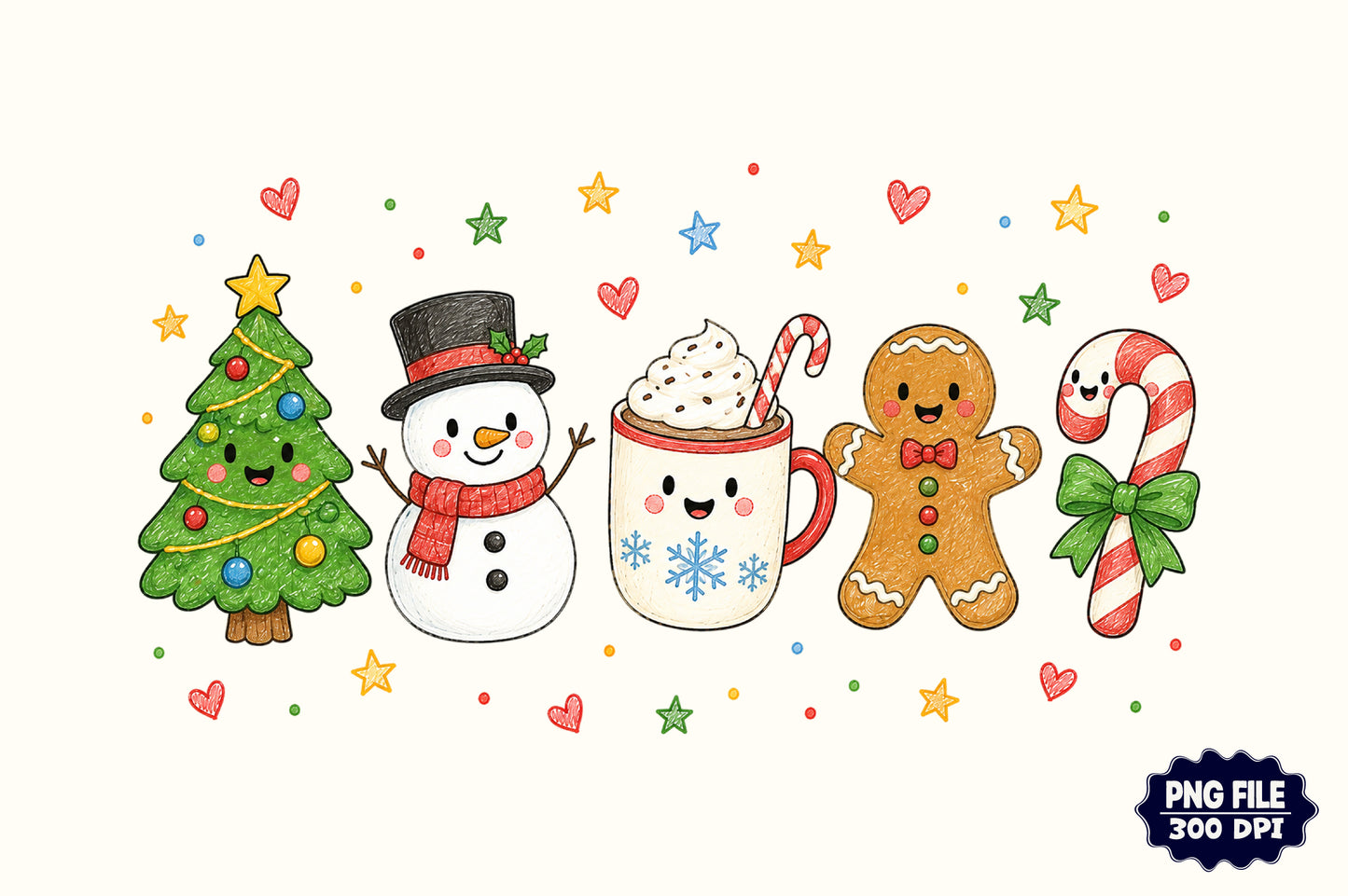 Cute Christmas Kawaii PNG Bundle, Hand Drawn Holiday Baking & Winter Sublimation Designs