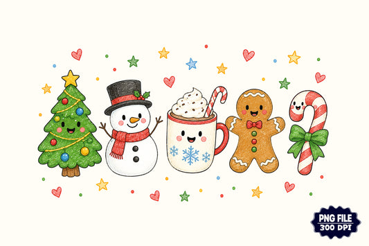 Cute Christmas Kawaii PNG Bundle, Hand Drawn Holiday Baking & Winter Sublimation Designs
