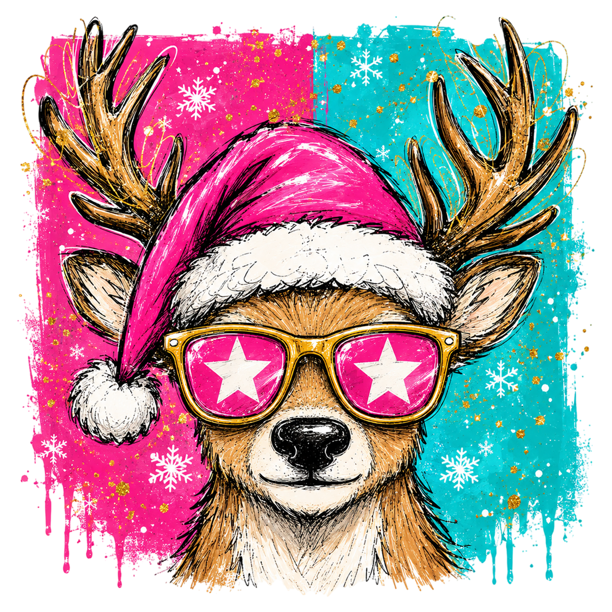 Cute Christmas Reindeer PNG | Pink Santa Hat Holiday Sublimation Clipart