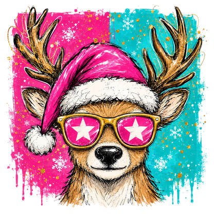 Cute Christmas Reindeer PNG | Pink Santa Hat Holiday Sublimation Clipart
