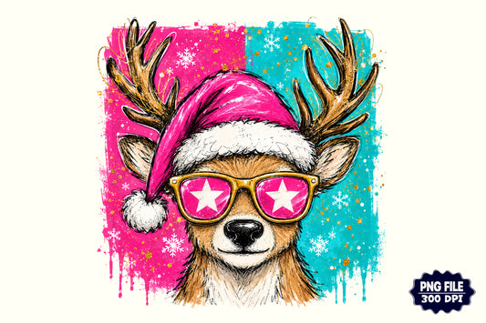 Cute Christmas Reindeer PNG | Pink Santa Hat Holiday Sublimation Clipart
