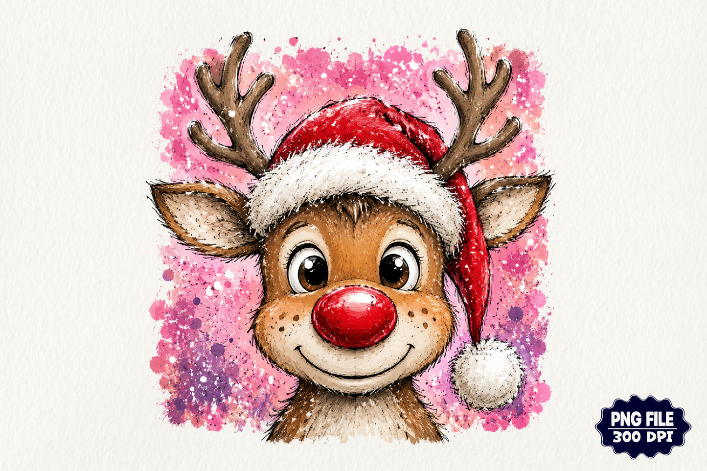 Cute Christmas Reindeer Santa Hat Pink Christmas PNG