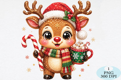 Cute Christmas Reindeer Candy Cane PNG