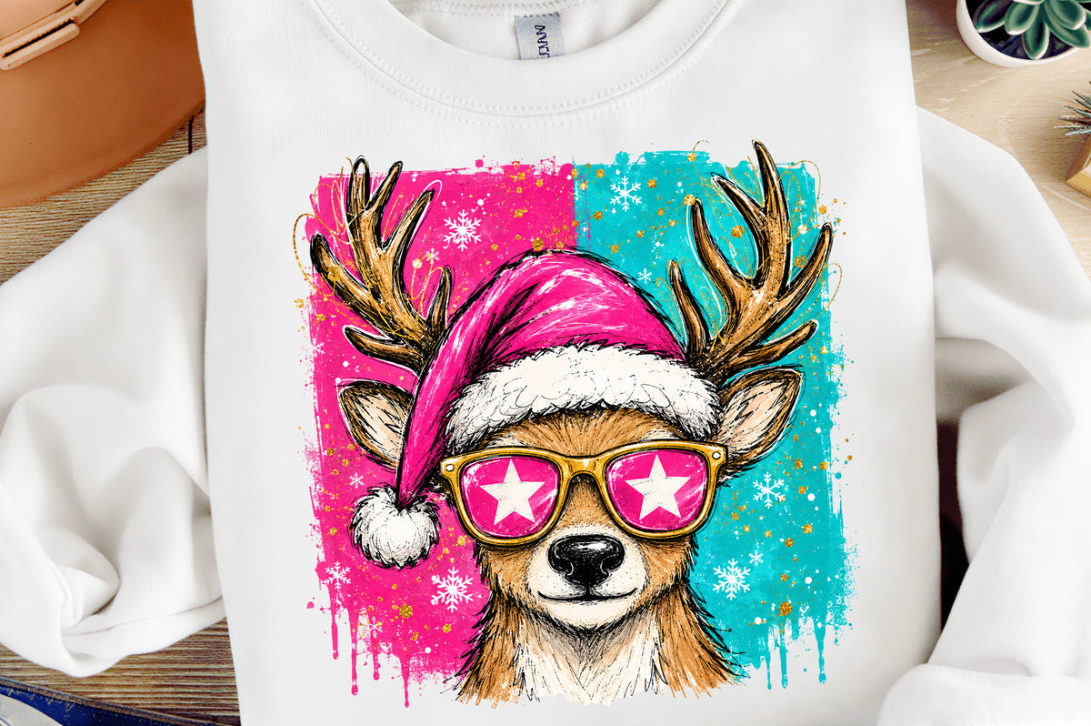 Cute Christmas Reindeer PNG | Pink Santa Hat Holiday Sublimation Clipart