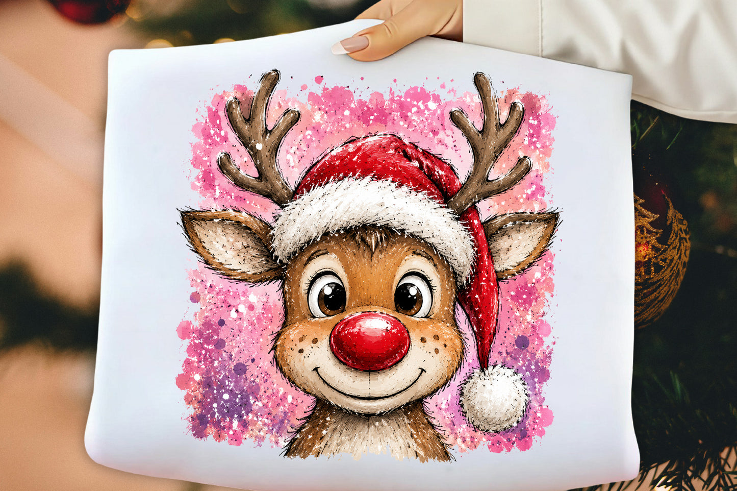 Cute Christmas Reindeer Santa Hat Pink Christmas PNG