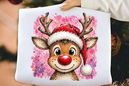 Cute Christmas Reindeer Santa Hat Pink Christmas PNG