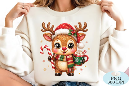 Cute Christmas Reindeer Candy Cane PNG
