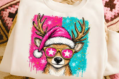 Cute Christmas Reindeer PNG | Pink Santa Hat Holiday Sublimation Clipart